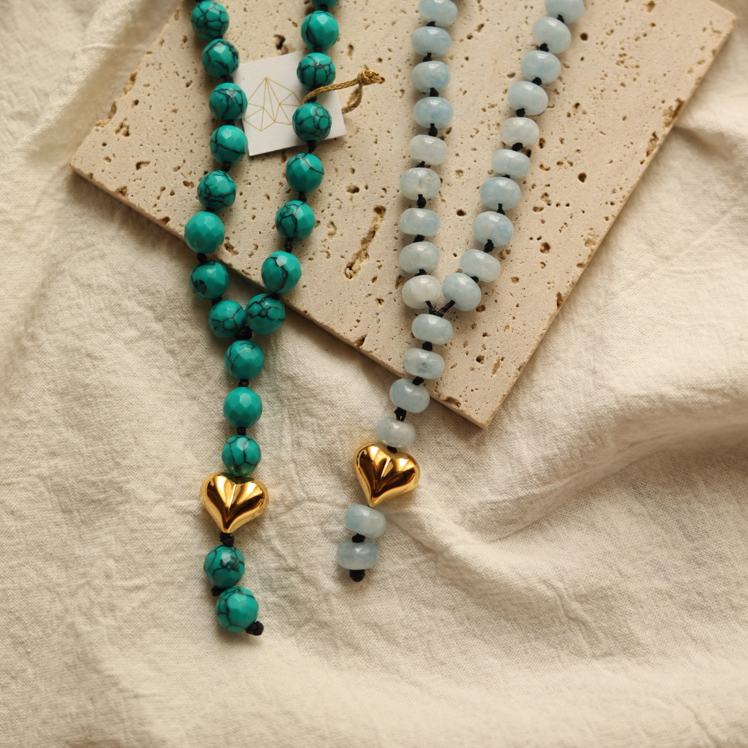 Turquoise & Aquamarine Beaded Necklace with Gold Heart Pendant